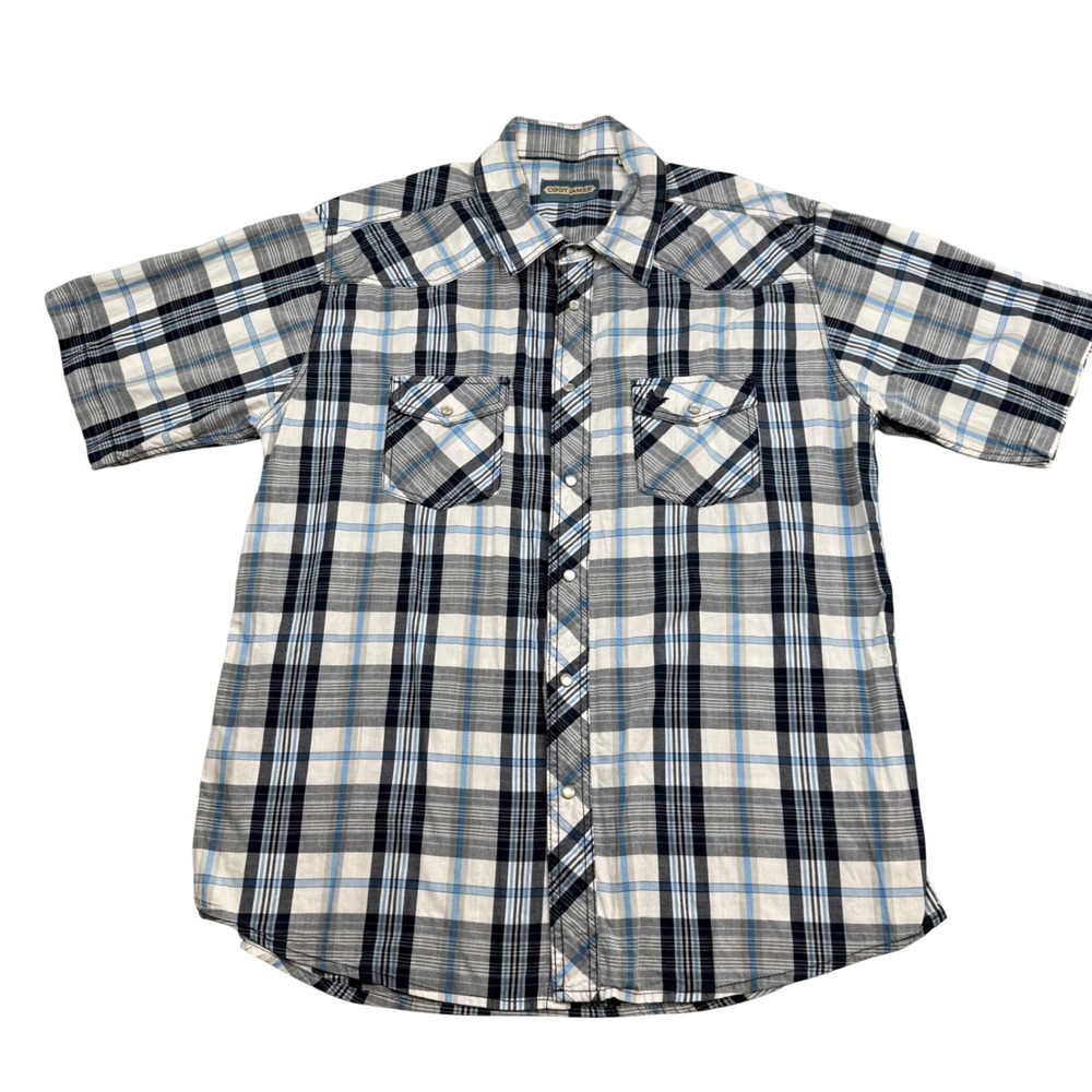 Cody James Mens XL Blue White Plaid Short Sleeve Western Pearl Snap Front Shirt